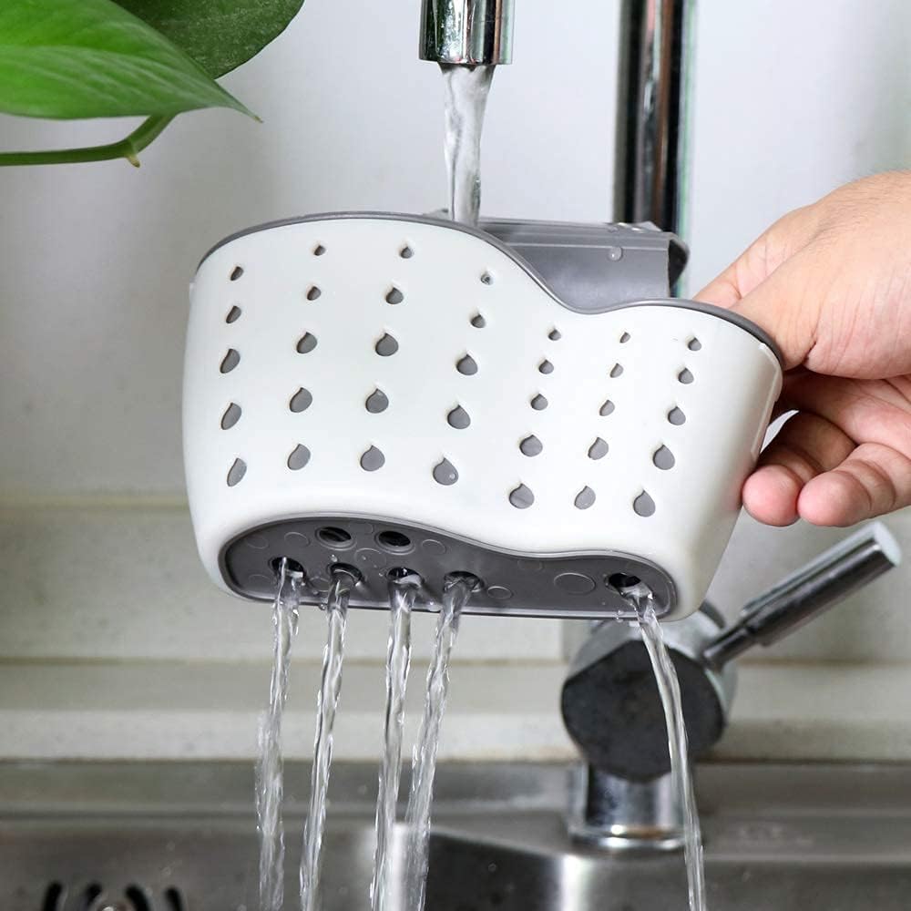 2Pcs Beige Kitchen Sink Caddy Adjustable Hanging Silicone Plastic Soap Holder with Faucet Drain Hole for Drying