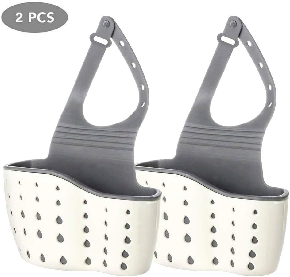 2Pcs Beige Kitchen Sink Caddy Adjustable Hanging Silicone Plastic Soap Holder with Faucet Drain Hole for Drying