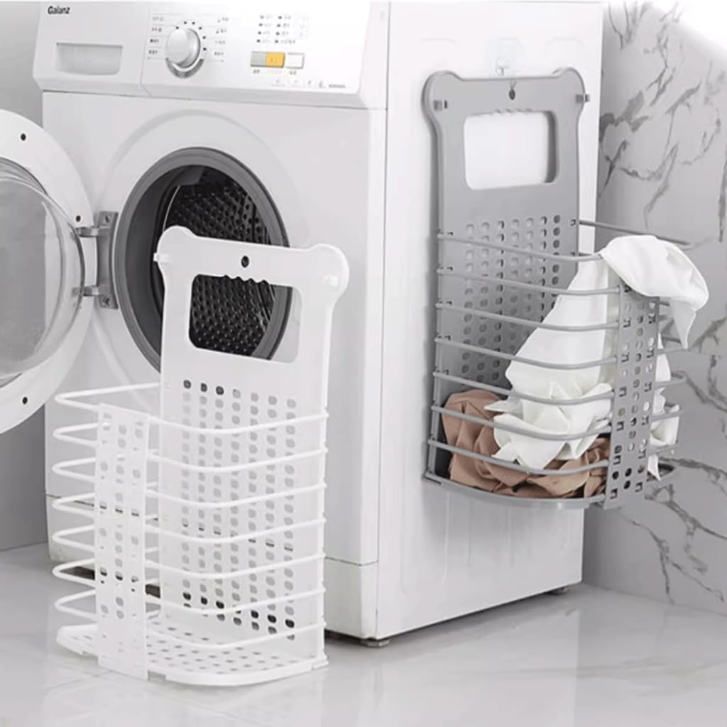 Collapsible Laundry Hamper - Foldable Space-Saving Design - Ideal for Bathroom & Small Spaces - Includes Self-Adhesive Hook - Grey - Set of 1