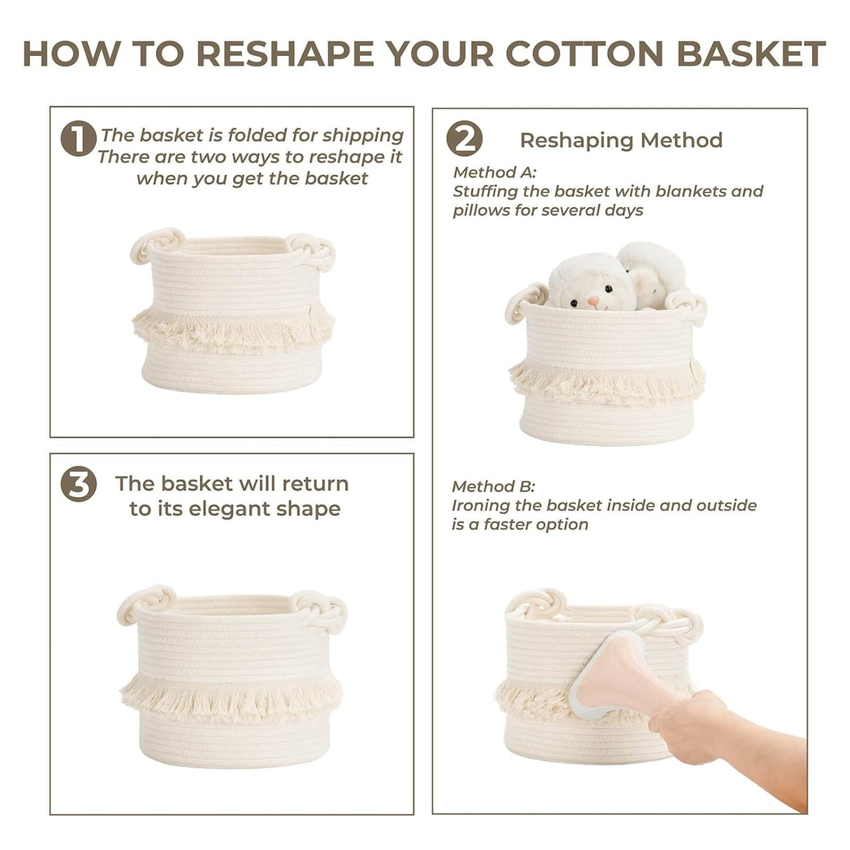 Cotton Storage Basket with Tassels 18x24cm White Decorative Woven Organizer for Bedroom Living Room Kids Room Boho Style