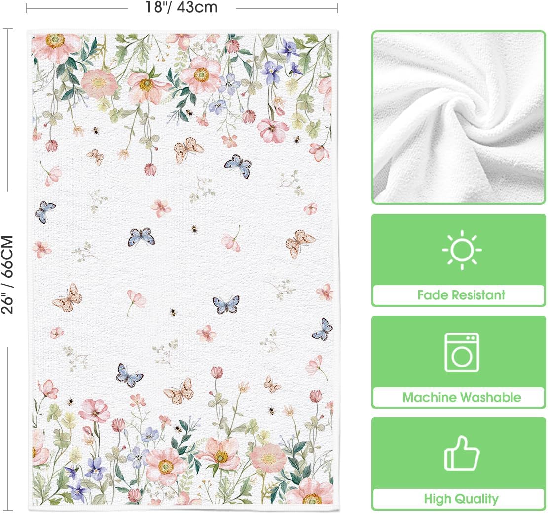 Floral Leaves Butterfly Spring Kitchen Towels Dish Towels, 18x26 Inch Seasonal Summer Decoration Hand Towels Set of 2