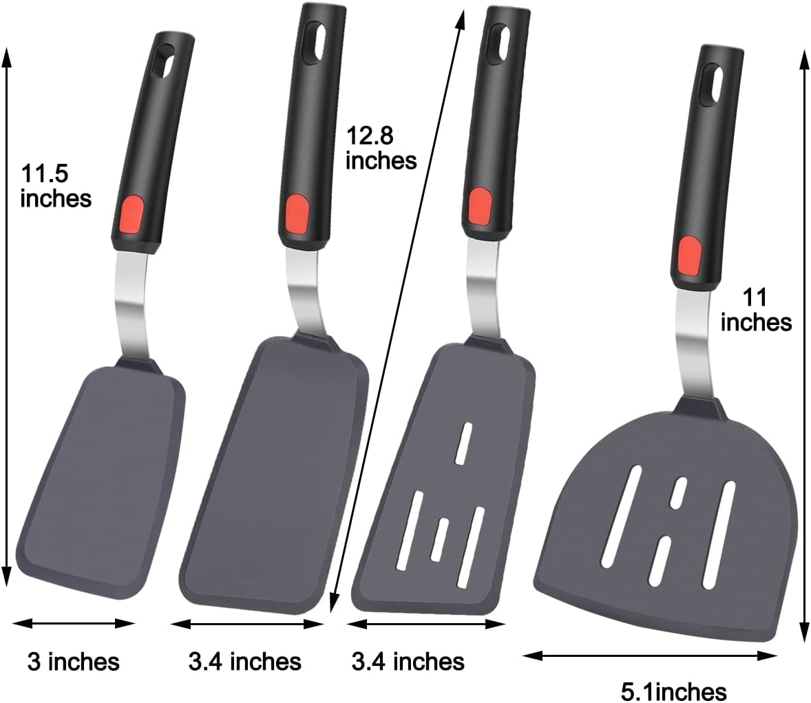 4Pcs Spatula Silicone Heat Resistant Flexible Rubber Silicone Spatulas for Nonstick Cookware, Burger Pancake Spatula Turner Large Spatulas Set for Cooking Kitchen Utensils Set Black