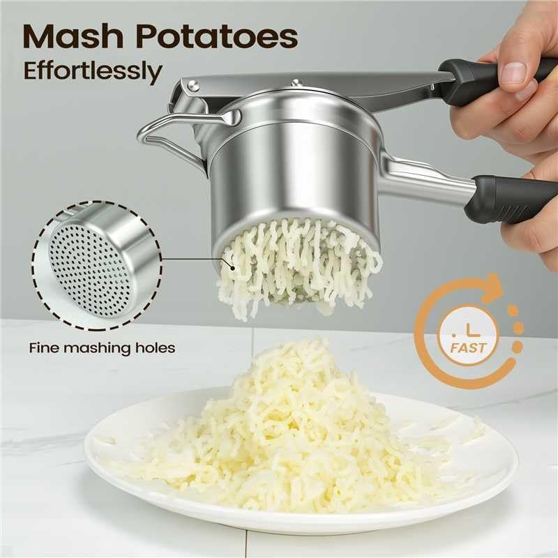 Potato Ricer, 304 Stainless Steel Manual Potato Press with Silicone Handle, Dishwasher Safe Kitchen Tool for Fluffy Mashed Potatoes