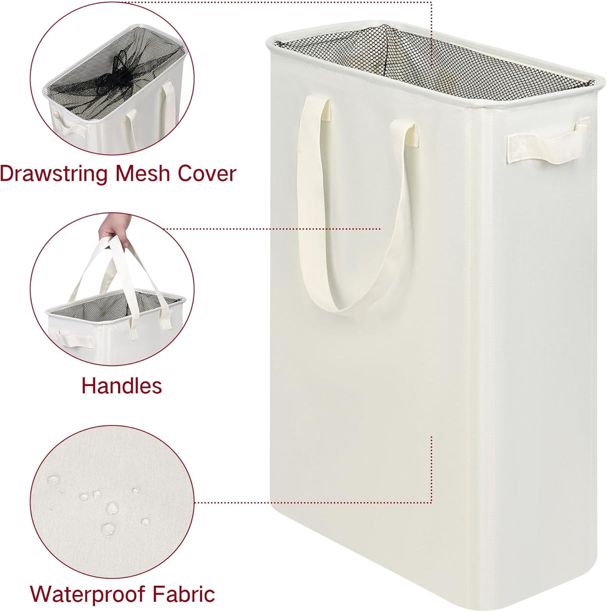 Slim Laundry Hamper with Handles, Collapsible Small Hamper for Laundry, Dirty Clothes Basket for Bedroom, Dorm and Laundry Room, 48L (12.7 Gallon) Beige