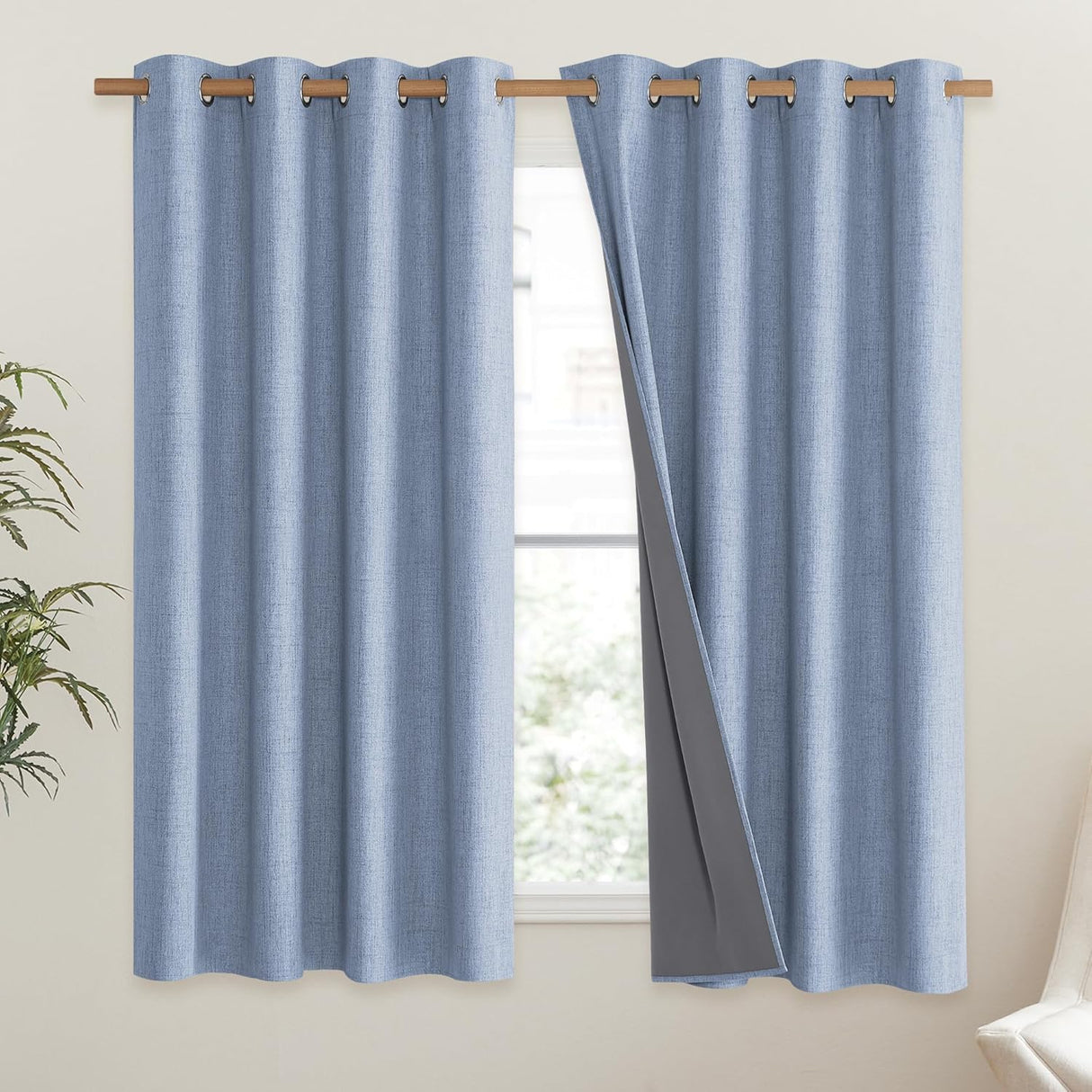 Stone Blue Vintage Linen 100% Blackout Curtains for Living Room,Thermal Insulated Curtains 63" Long,Noise Reducing Window Treatment Drapes for Hall Room,52" Wide Per Panel,Set of 2