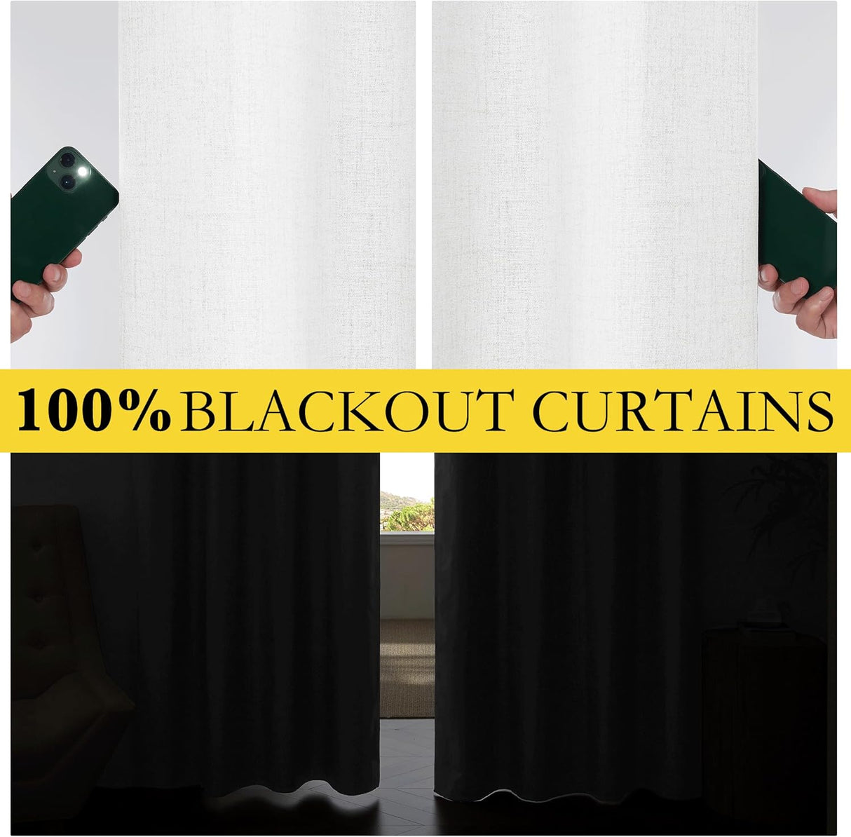 100% Absolutely Blackout Linen Curtains with Thermal Insulated White Liner,Greyish White,52" Wide,84" Length Energy Saving Curtains for Living Room 2 Panels Set,Vertical Blinds