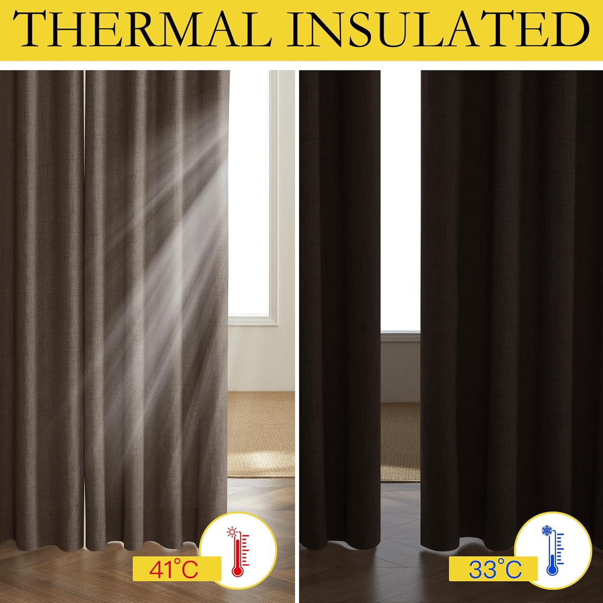 Coffee Vintage Linen 100% Blackout Curtains for Living Room, Thermal Insulated Curtains 95“ Long, Noise Reducing Window Treatment Drapes for Home Office, 62" Wide Per Panel, Set of 2