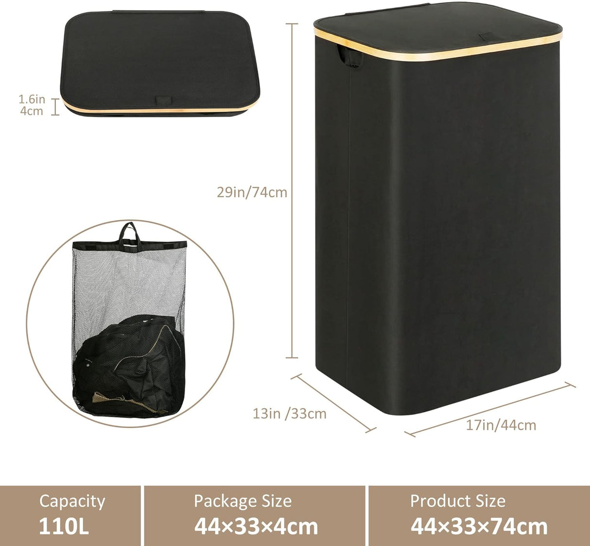 Laundry Hamper with Lid - Waterproof Freestanding Laundry Basket with Removable Liner Bag, Collapsible 110L Large Clothes Storage Laundry Bin with Easy Carry Bamboo Handle for Clothes Toys Organizer