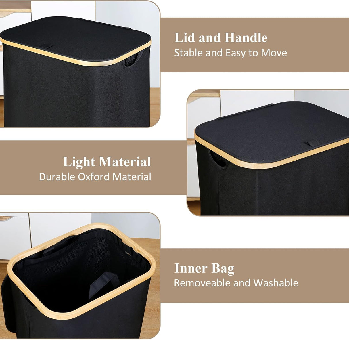 Laundry Hamper with Lid - Waterproof Freestanding Laundry Basket with Removable Liner Bag, Collapsible 110L Large Clothes Storage Laundry Bin with Easy Carry Bamboo Handle for Clothes Toys Organizer