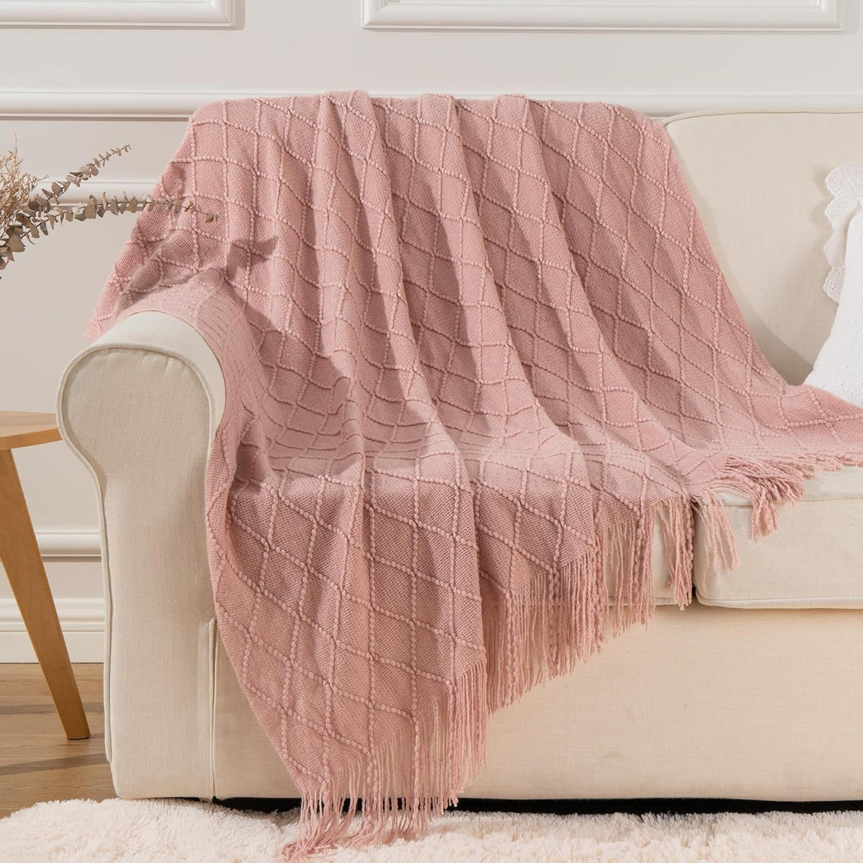 Pink Throw Blanket Diamond Pattern Indoor Outdoor Knitted Throws for Couch Sofa Chair Bed Home Decor 50"x60"