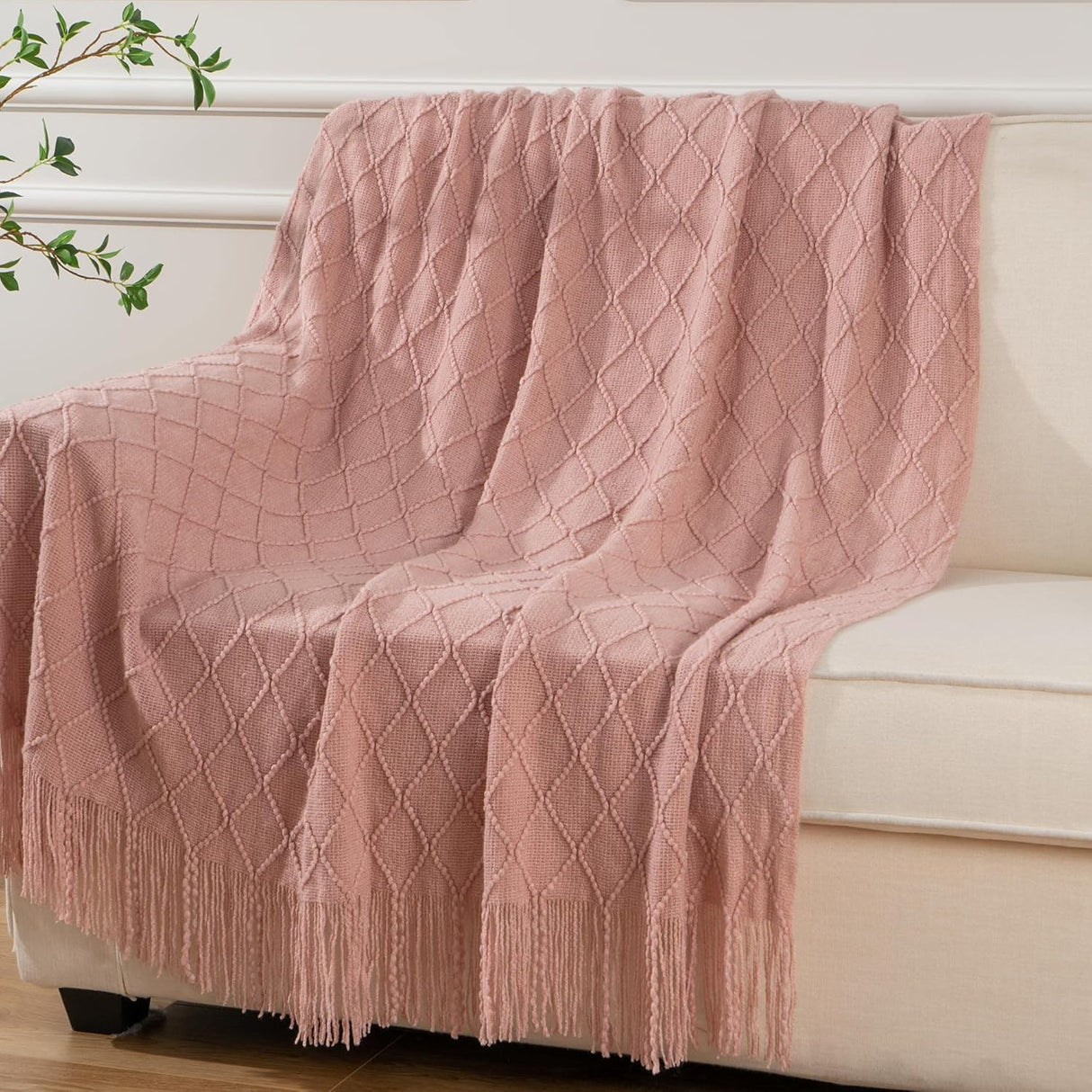 Pink Throw Blanket Diamond Pattern Indoor Outdoor Knitted Throws for Couch Sofa Chair Bed Home Decor 50"x60"