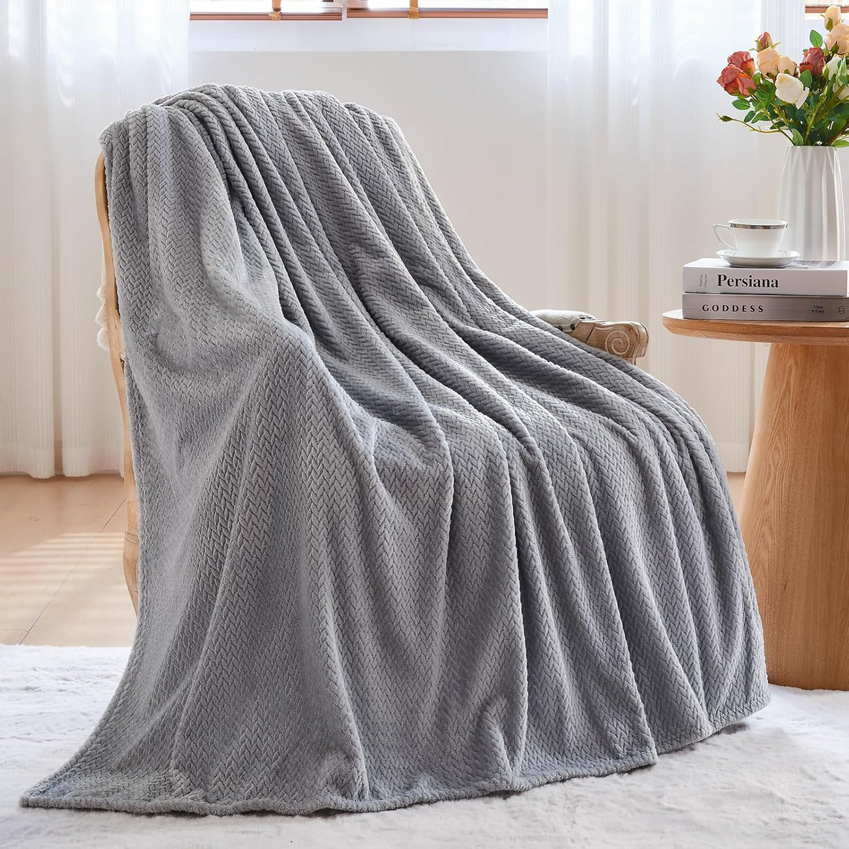Super Soft Throw Size Blanket Grey Premium Silky Flannel Fleece Leaves Pattern Lightweight Bed Blanket All Season Use (Grey, Throw(50"x60"))
