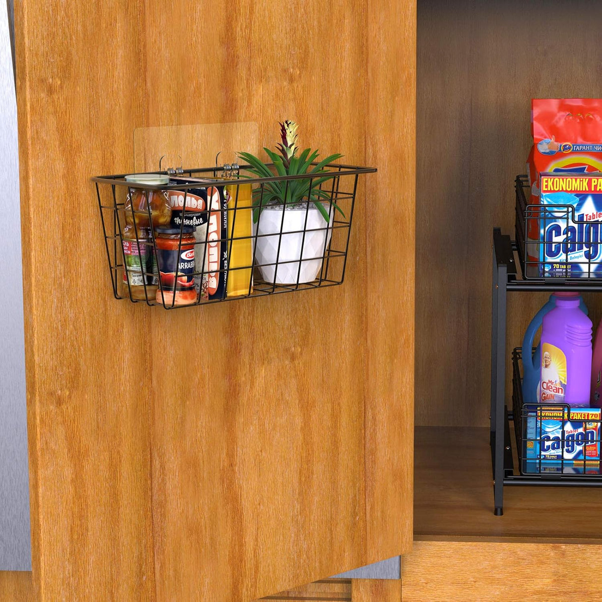 Hanging Kitchen Baskets Wire Storage Basket Over the Cabinet Door Organizer, No Drilling Adhesive Basket for Cabinet Pantry Organization and Kitchen, Bathroom, Storage, 2 Pack, Black
