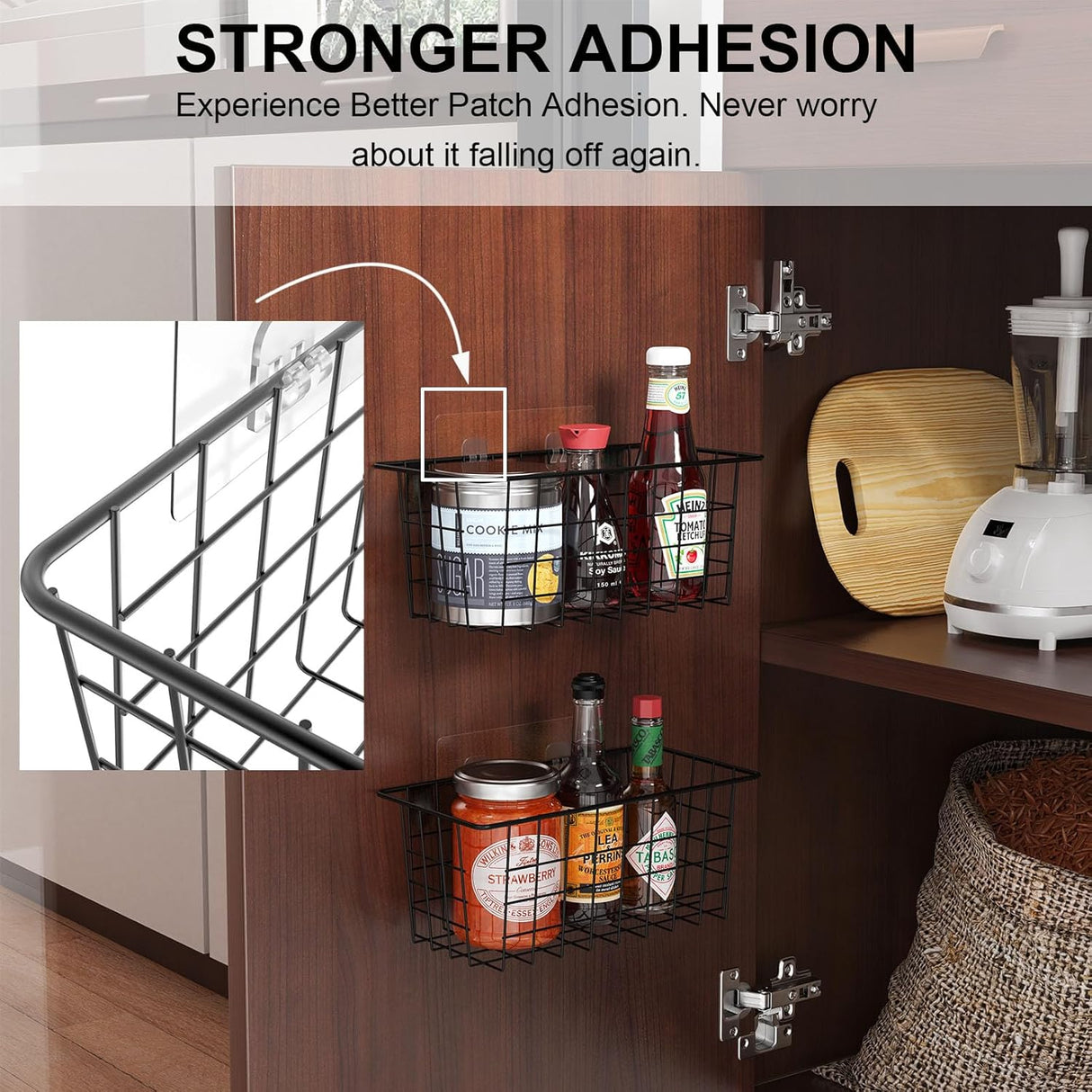 Hanging Kitchen Baskets Wire Storage Basket Over the Cabinet Door Organizer, No Drilling Adhesive Basket for Cabinet Pantry Organization and Kitchen, Bathroom, Storage, 2 Pack, Black