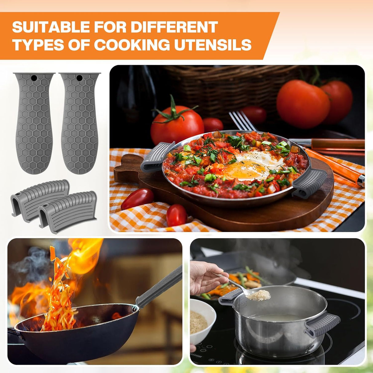 8 Pcs Silicone Pot Holders Set Cast Iron Handle Cover Heat Resistant Pot Handle Covers Potholder Non Slip Reusable Pan Sleeve for Frying Pan Kitchen Supplies(Grey)