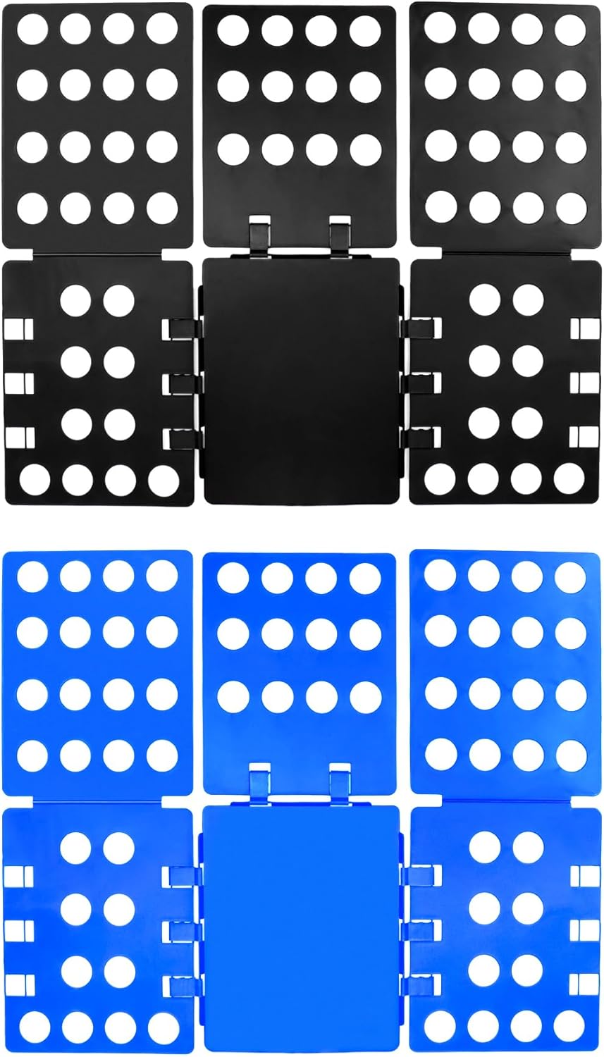PP Composite Folding Board, 2 Pack Folding Clothes Board - Black + Blue, One-Hand Operation Laundry Folding Tool, Non-Slip Silicone Buckles, T Shirt Folder, Laundry Folders for All Garments