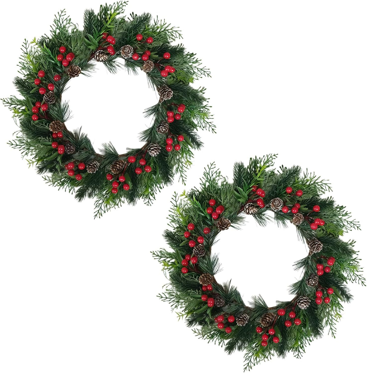 2 PCS 13 Inch Christmas Wreaths Sets for Doors Cabinets, Christmas Green Pine Wreath with Red Berries Mini Pinecones for Indoor Outdoor, Rustic Farmhouse Xmas Wreaths