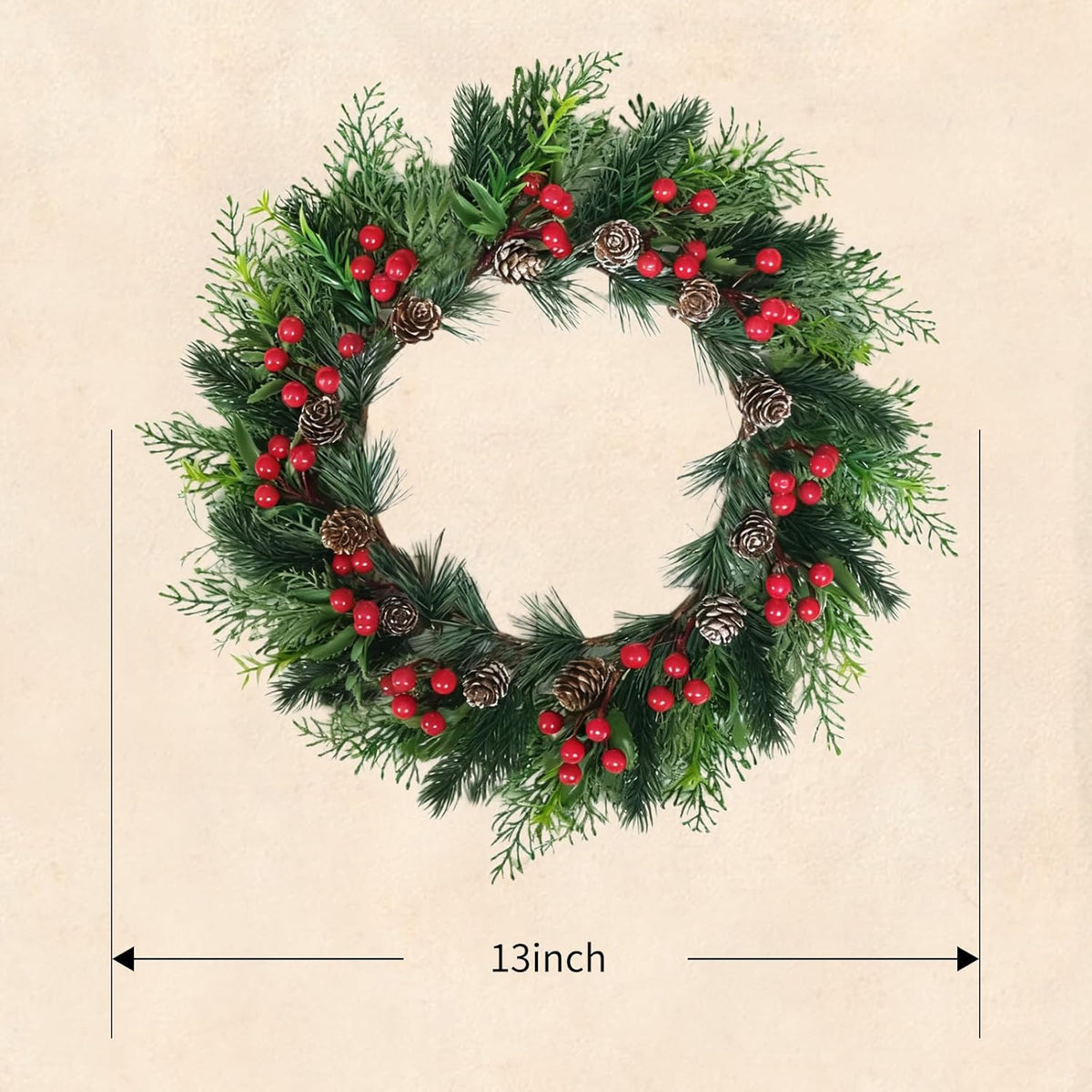 2 PCS 13 Inch Christmas Wreaths Sets for Doors Cabinets, Christmas Green Pine Wreath with Red Berries Mini Pinecones for Indoor Outdoor, Rustic Farmhouse Xmas Wreaths