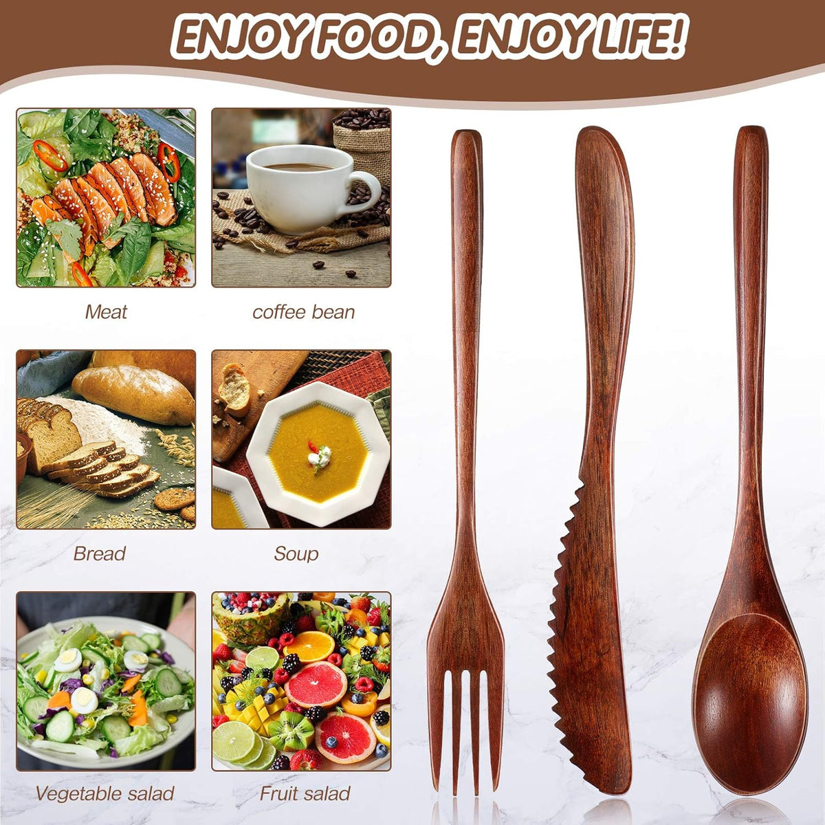 12 Pcs Wooden Utensils for Eating Wooden Spoon Fork Knife Cutlery Set Kitchen Wood Dinner Flatware Tableware Set Includes Spoon, Fork, Knife
