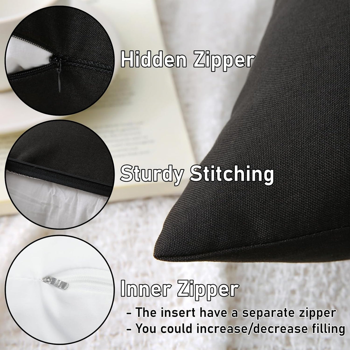 18" x 18" Throw Pillows, Outdoor Waterproof Pillows with Inserts, Square Decorative Pillows for Patio Furniture Garden Couch Sofa Home(Black, Set of 2)