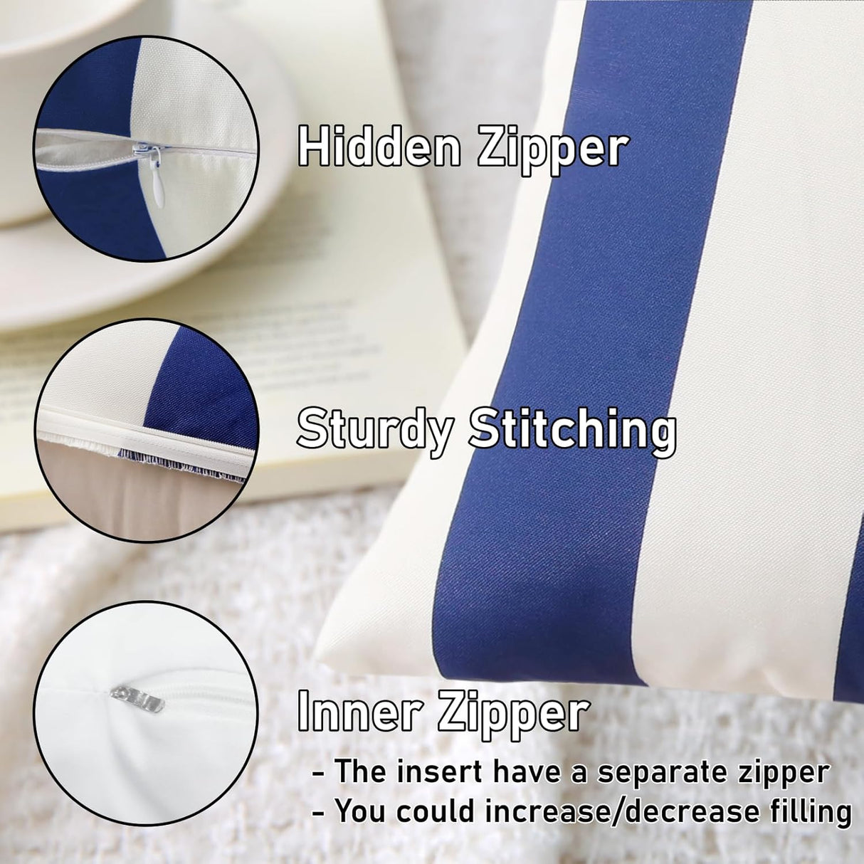 18" x 18" Throw Pillows with Inserts, Pack of 2 Outdoor Waterproof Striped Pillow, Square Decorative Pillows for Patio Furniture Garden Couch Sofa Home (Blue Vertical Stripes)