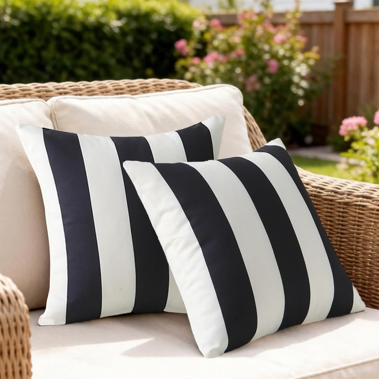 18" x 18" Throw Pillows with Inserts, Pack of 2 Outdoor Waterproof Striped Pillow, Square Decorative Pillows for Patio Furniture Garden Couch Sofa Home (Black Vertical Stripes)