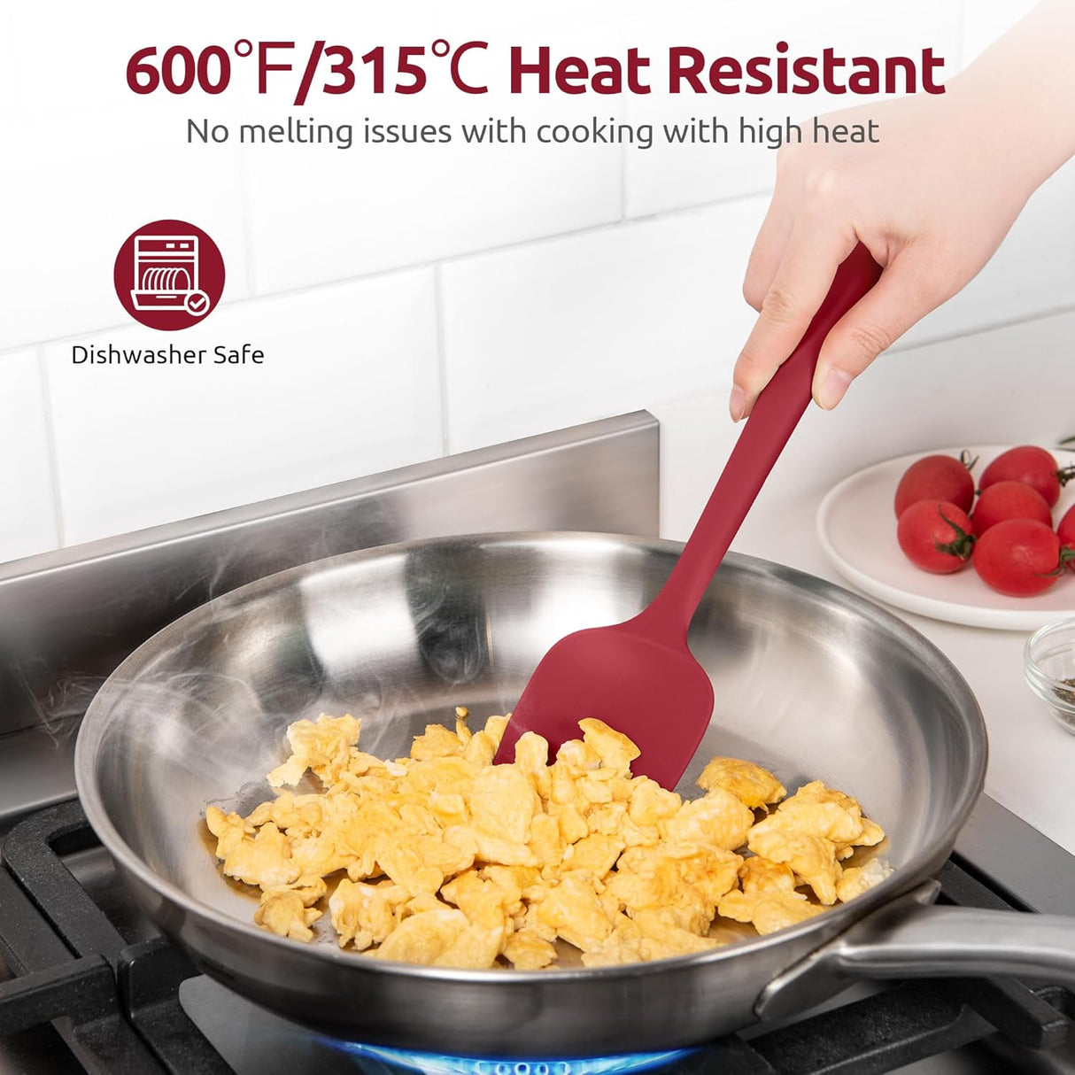 600ºF Heat Resistant Silicone Spoons: Flexible Baking Spoon Spatula & Cooking Scoop Spoonula, Seamless Soft Kitchen Utensils for Serving, Scraping, Scooping in Non-Stick Cookware (Red)