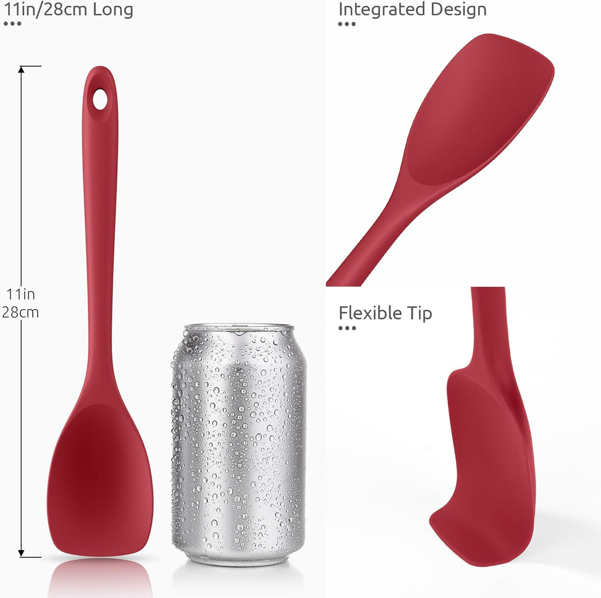 600ºF Heat Resistant Silicone Spoons: Flexible Baking Spoon Spatula & Cooking Scoop Spoonula, Seamless Soft Kitchen Utensils for Serving, Scraping, Scooping in Non-Stick Cookware (Red)