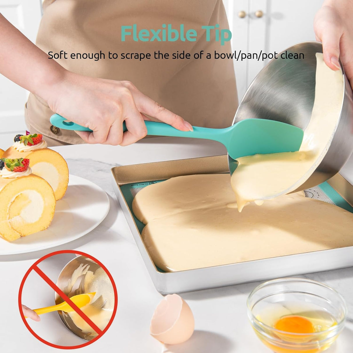 600ºF Heat Resistant Silicone Spatulas: Kitchen Cooking Mixing Utensils (4PCS, Aqua Sky) and 8"+10"+12" Kitchen Cooking Tweezer: 18/8 Stainless Steel Food-Grade Metal Food Tong (Pointed Tip)