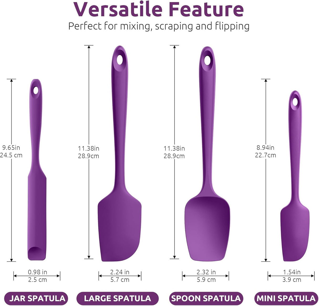 600ºF Heat Resistant Silicone Spatulas: Kitchen Cooking Mixing Utensils (4PCS, Purple) and 8"+10"+12" Kitchen Cooking Tweezer: 18/8 Stainless Steel Food-Grade Metal Food Tong (Pointed Tip)