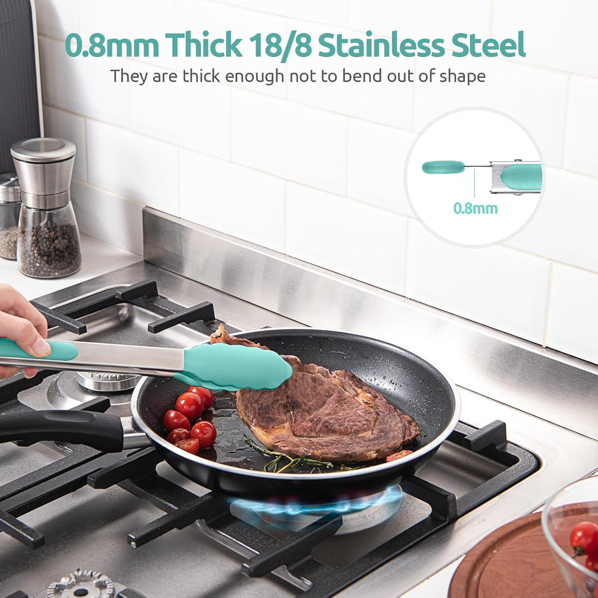 600ºF Heat Resistant 9+12 in Silicone Cooking Tongs with Non Stick Rubber Tips (Aqua Sky) and 12" Kitchen Tweezer Set: 18/8 Stainless Steel Food-Grade Metal Food Tong (Round & Pointed Tip)