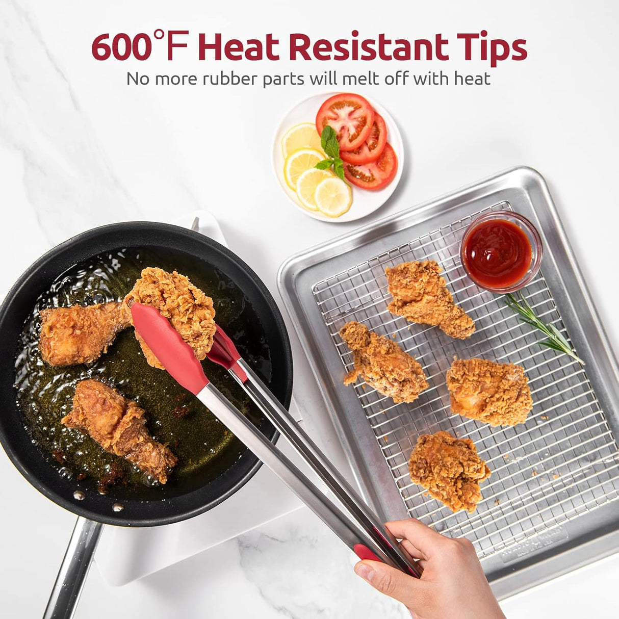 600ºF Heat Resistant 16in Silicone Cooking Tongs with Non Stick Rubber Tips (Red) and 12" Kitchen Tweezer Set: 18/8 Stainless Steel Food-Grade Metal Food Tong (Round & Pointed Tip)