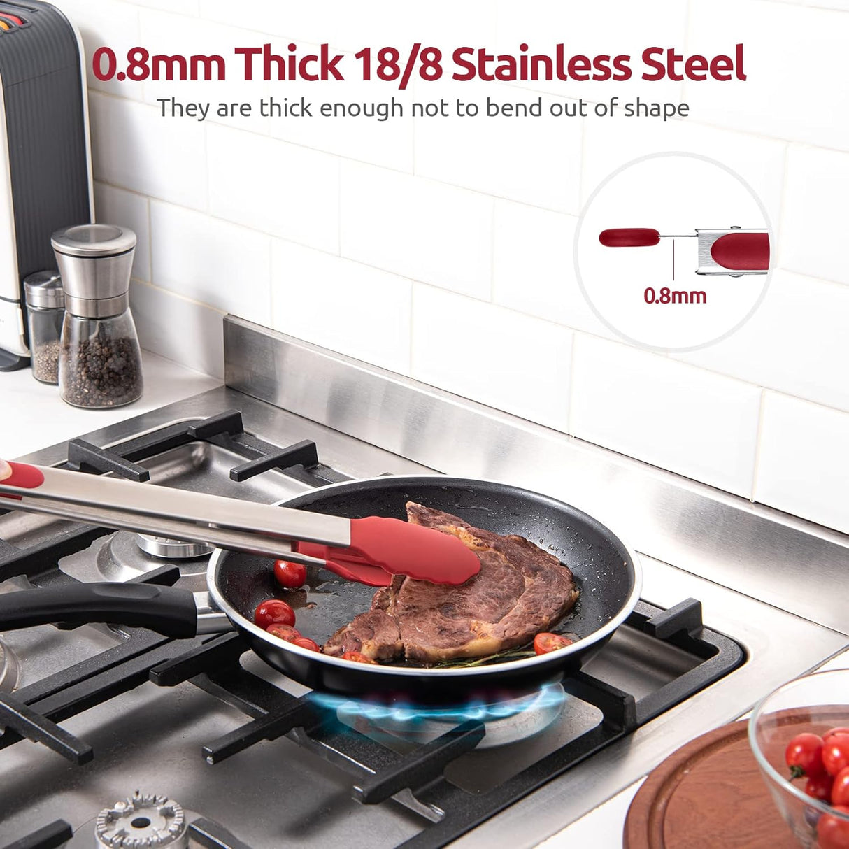 600ºF Heat Resistant 16in Silicone Cooking Tongs with Non Stick Rubber Tips (Red) and 12" Kitchen Tweezer Set: 18/8 Stainless Steel Food-Grade Metal Food Tong (Round & Pointed Tip)