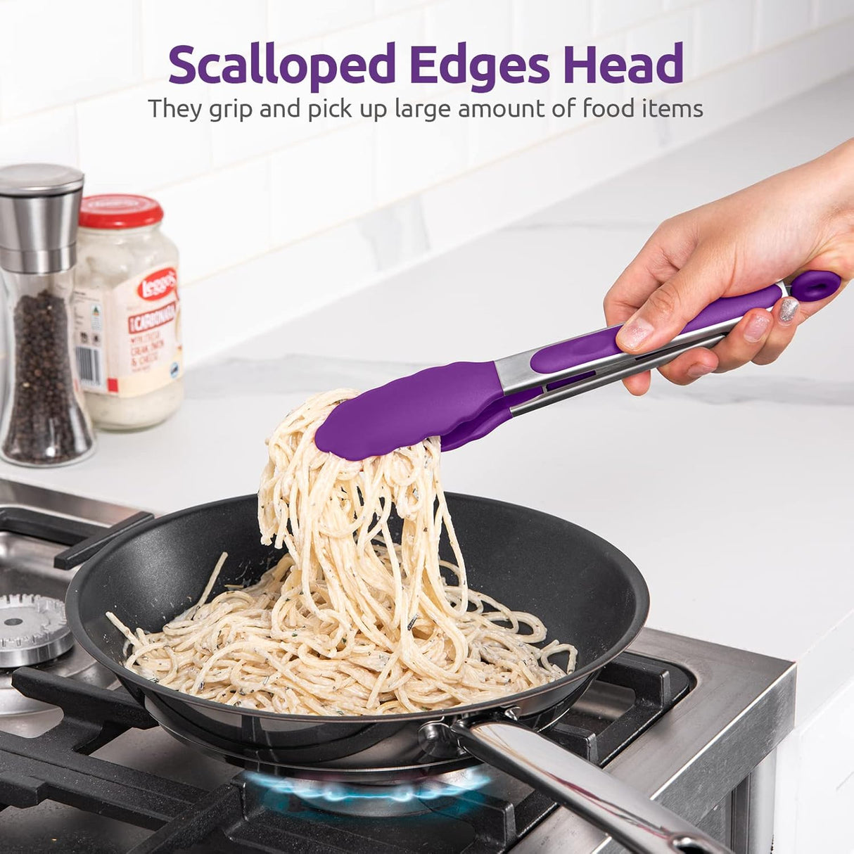 600ºF Heat Resistant 9in Silicone Cooking Tongs with Non Stick Rubber Tips (Purple) and 10" Kitchen Cooking Tweezer Set: 18/8 Stainless Steel Food-Grade Metal Food Tong (Round & Pointed Tip)