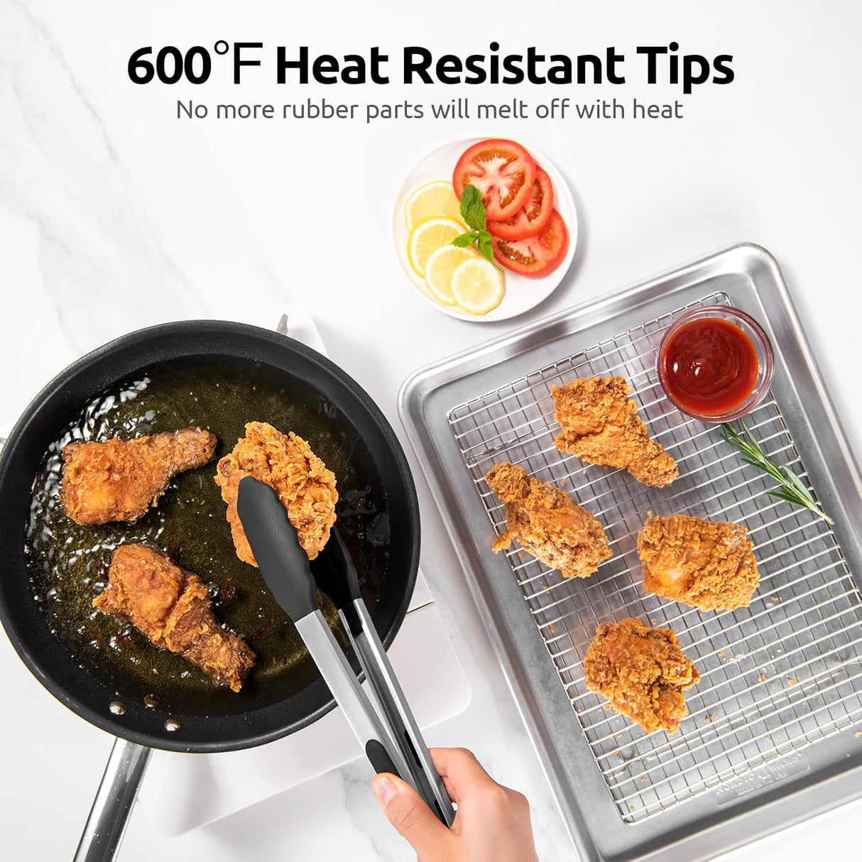 600ºF Heat Resistant 12in Silicone Cooking Tongs with Non Stick Rubber Tips (Black) and 12" Kitchen Tweezer Set: 18/8 Stainless Steel Food-Grade Metal Food Tong (Round & Pointed Tip)