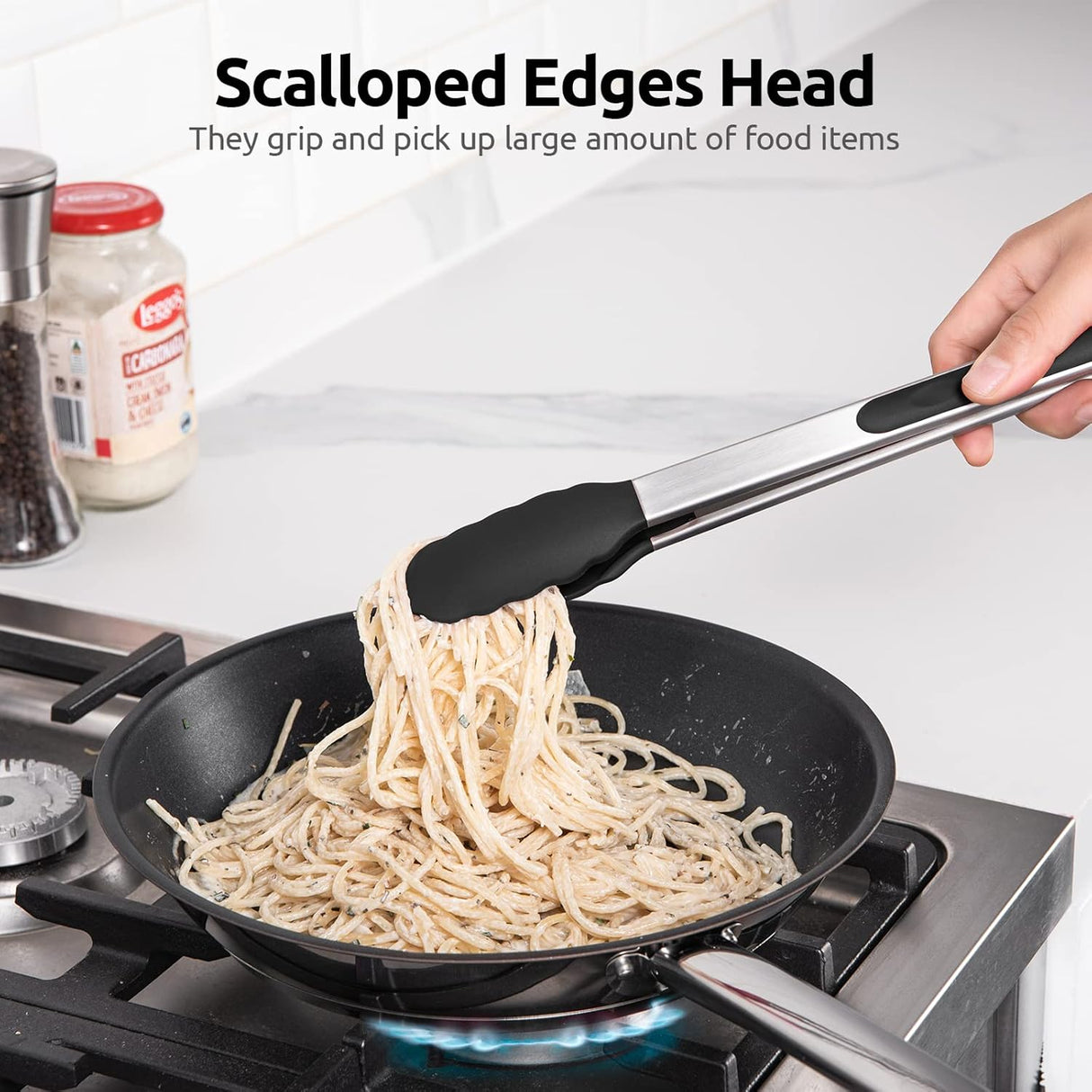600ºF Heat Resistant 12in Silicone Cooking Tongs with Non Stick Rubber Tips (Black) and 12" Kitchen Tweezer Set: 18/8 Stainless Steel Food-Grade Metal Food Tong (Round & Pointed Tip)