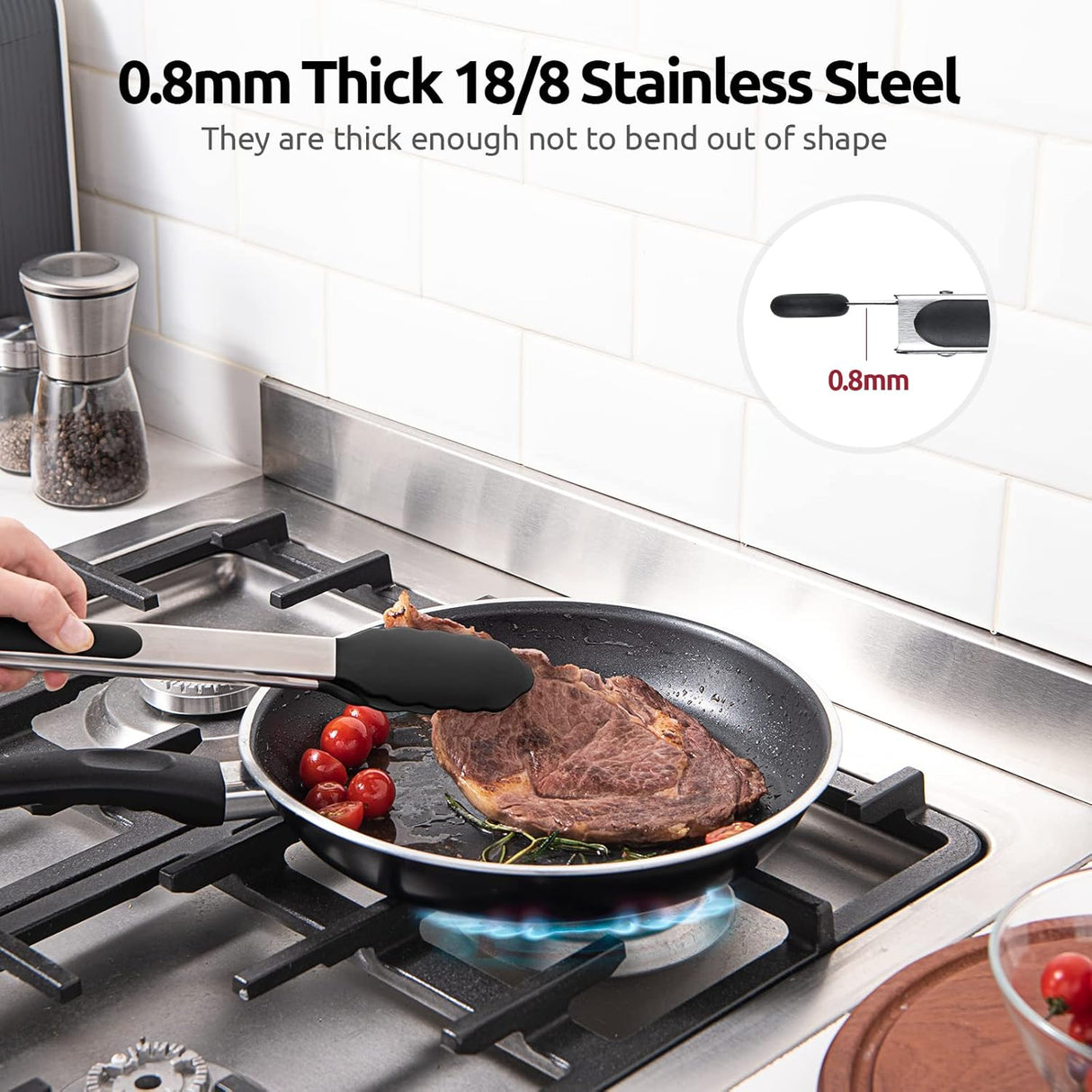 600ºF Heat Resistant 12in Silicone Cooking Tongs with Non Stick Rubber Tips (Black) and 12" Kitchen Tweezer Set: 18/8 Stainless Steel Food-Grade Metal Food Tong (Round & Pointed Tip)