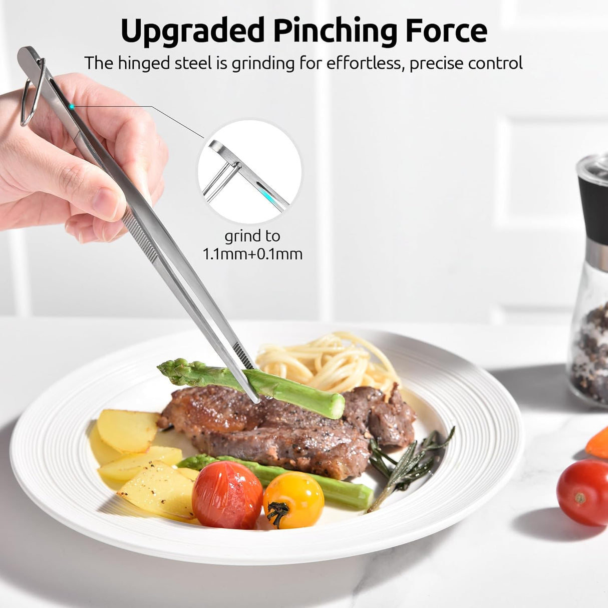 Small Mini Silicone Spatula: 9×2inch 600ºF Heat-Resistant Food-Grade Jar Scraper (Black) and 8in Kitchen Plating Tweezer: 18/8 Stainless Steel Food-Grade Metal Food Tong (Pointed Tip)