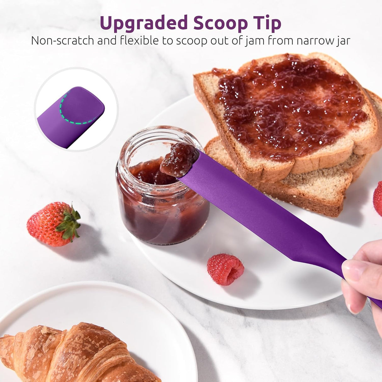 600ºF Heat-Resistant Food-Grade 10in Skinny Silicone Jar Spatula with Spoon Tip (Purple) and 10in Kitchen Cooking Tweezer: 18/8 Stainless Steel Food-Grade Metal Food Tong (Round Tip)