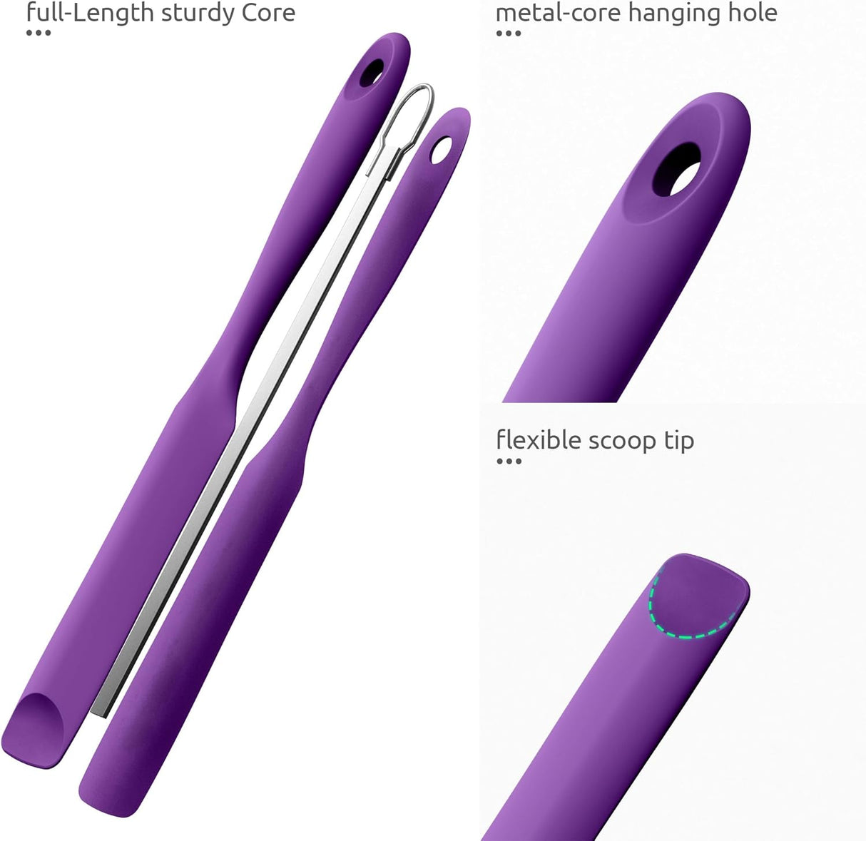600ºF Heat-Resistant Food-Grade 10in Skinny Silicone Jar Spatula with Spoon Tip (Purple) and 10in Kitchen Cooking Tweezer: 18/8 Stainless Steel Food-Grade Metal Food Tong (Round Tip)