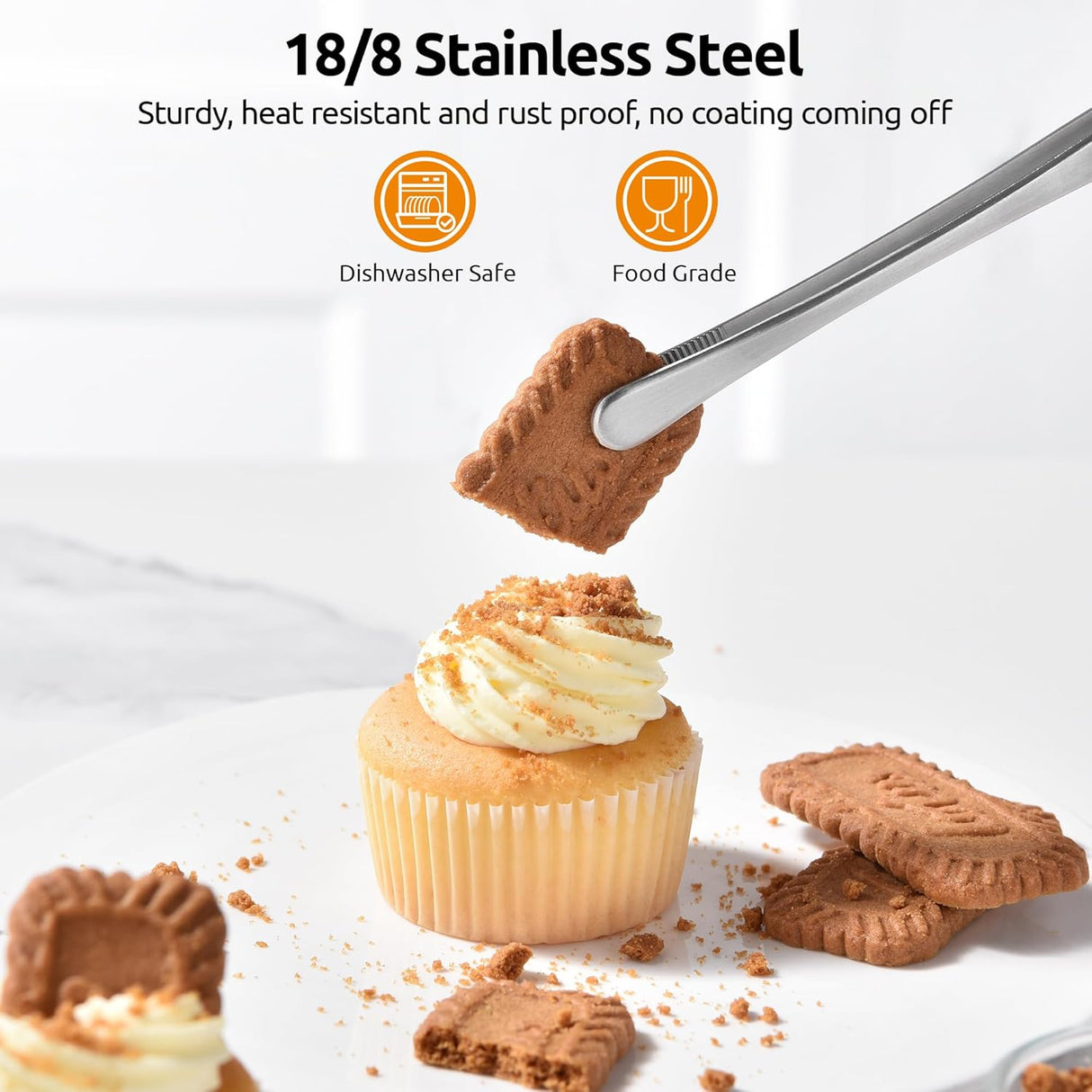 600ºF Heat-Resistant Food-Grade 10in Skinny Silicone Jar Spatula with Spoon Tip (Black) and 10in Kitchen Cooking Tweezer: 18/8 Stainless Steel Food-Grade Metal Food Tong (Round Tip)
