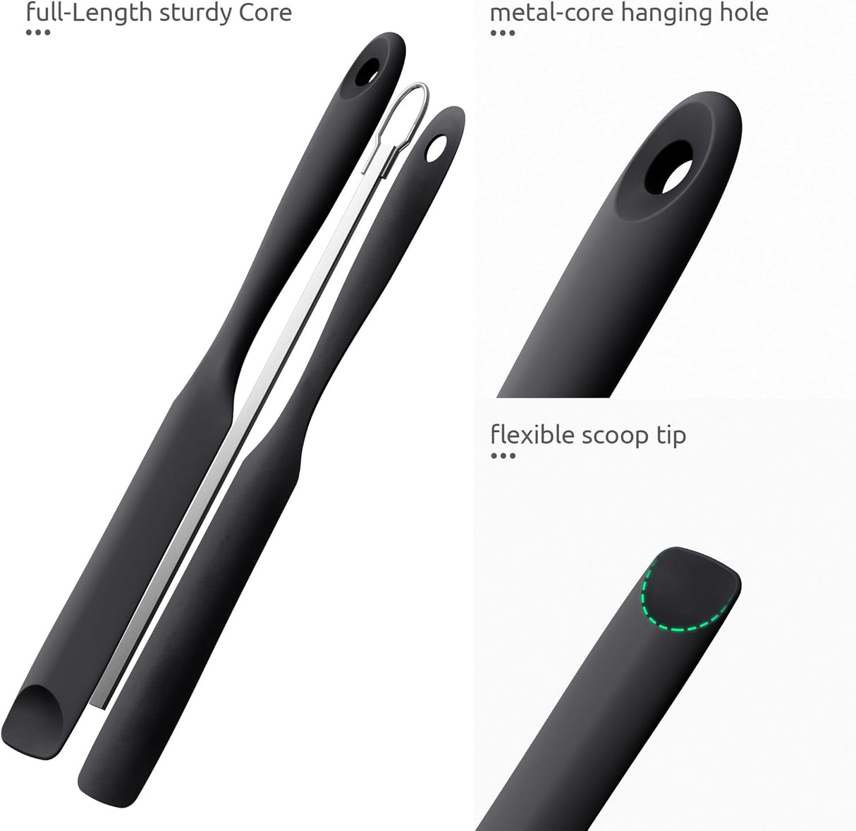 600ºF Heat-Resistant Food-Grade 10in Skinny Silicone Jar Spatula with Spoon Tip (Black) and 10in Kitchen Cooking Tweezer: 18/8 Stainless Steel Food-Grade Metal Food Tong (Round Tip)
