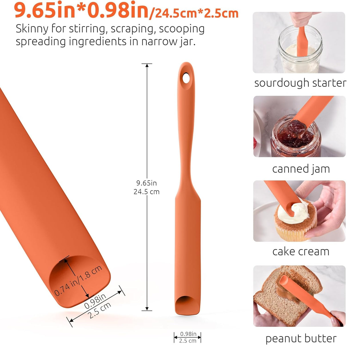 600ºF Heat-Resistant Food-Grade 10in Skinny Silicone Jar Spatula with Spoon Tip (Orange) and 10in Kitchen Cooking Tweezer: 18/8 Stainless Steel Food-Grade Metal Food Tong (Round Tip)
