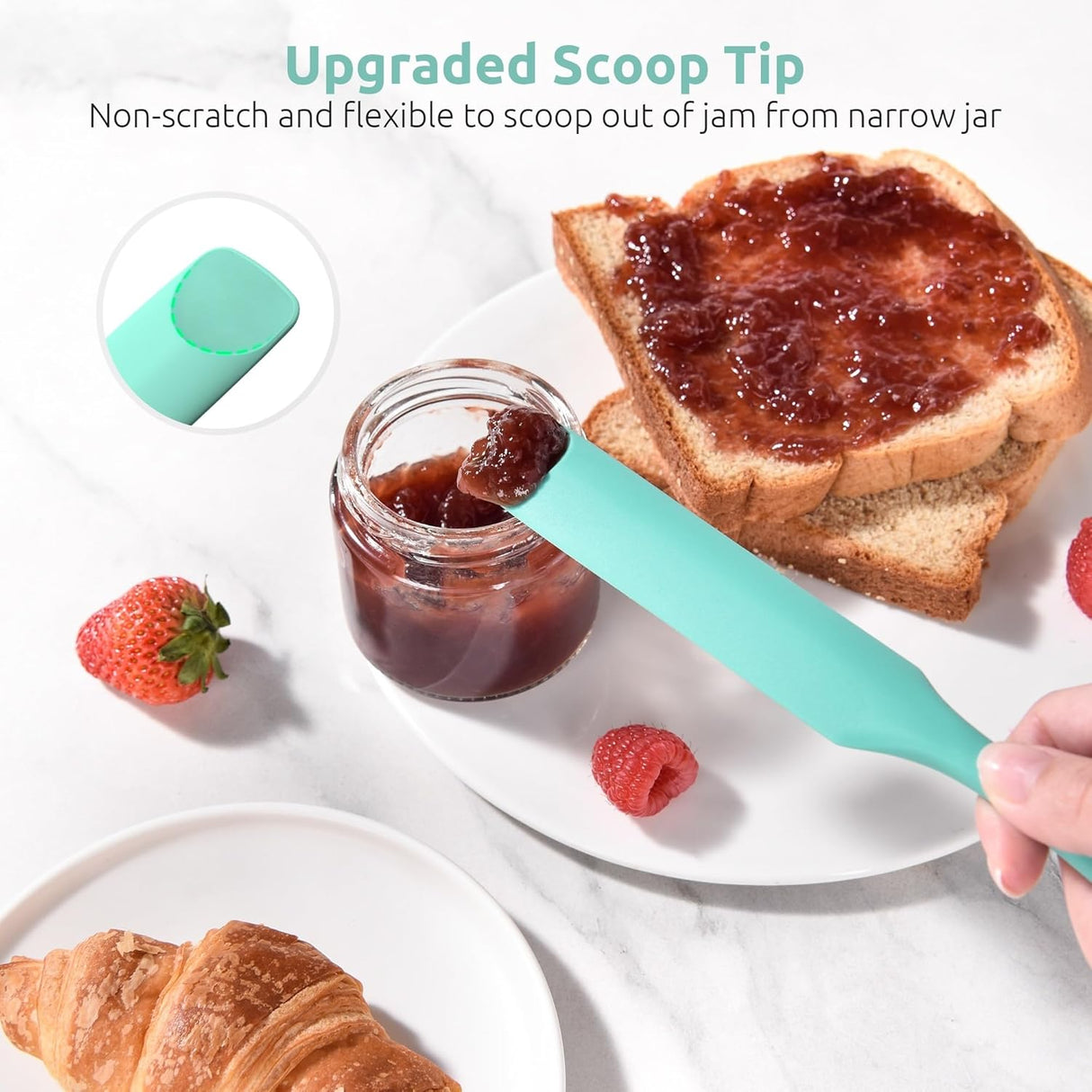 600ºF Heat-Resistant Food-Grade 10in Skinny Silicone Jar Spatula with Spoon Tip (Aqua Sky) and 10in Kitchen Cooking Tweezer: 18/8 Stainless Steel Food-Grade Metal Food Tong (Round Tip)