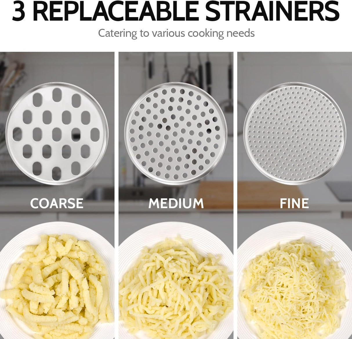 Potato Ricer, Upgraded Stainless Steel Potato Masher with 3 Interchangeable Discs, Heavy Duty Kitchen Tool Gadget