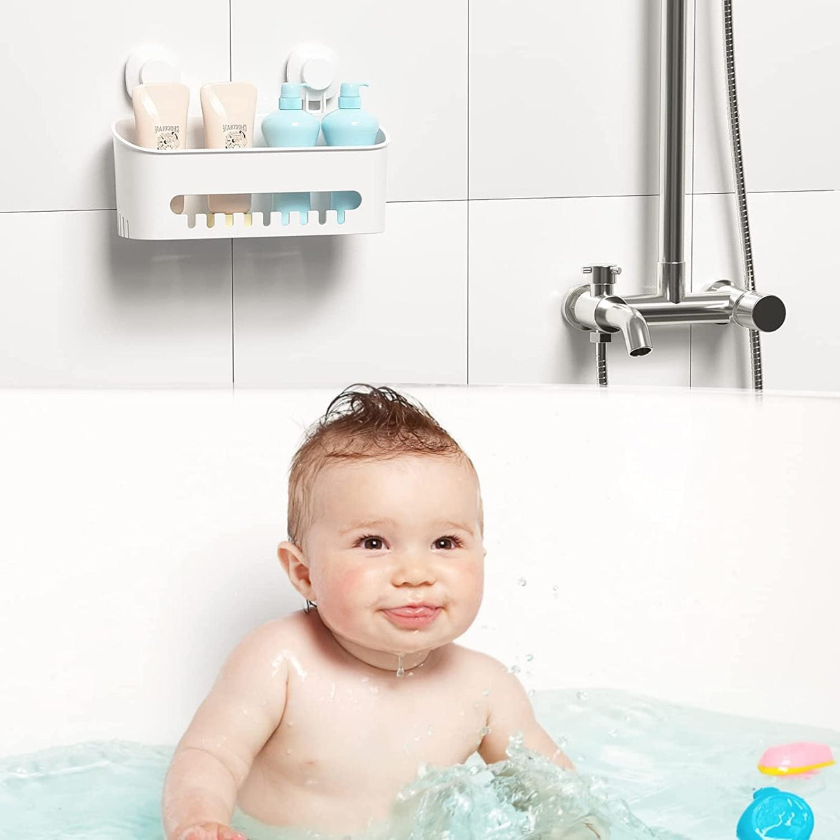 Suction Cup Shower Caddy - No Drilling Removable Shower Caddy - Powerful Suction Shower Organizer Max Hold 22lbs, Waterproof Suction Storage Basket for Bathroom & Kitchen