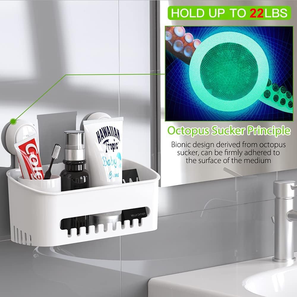 Shower Caddy Suction Cup NO-Drilling Removable Shower Shelf Powerful Heavy Duty Hold up to 22lbs, Waterproof Storage Basket for Shampoo & Toiletries Bathroom & Kitchen Caddy Organizer