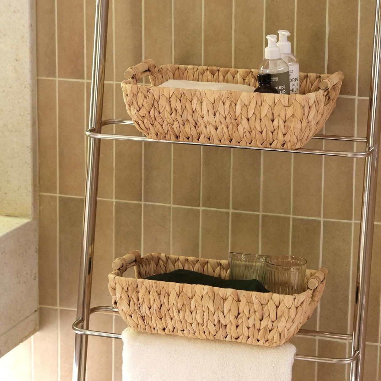 2 Pack Wicker Storage Baskets with Wooden Handles, Large Water Hyacinth Basket for Organizing Shelves, Natural Woven Storage Baskets for Snack, Gift