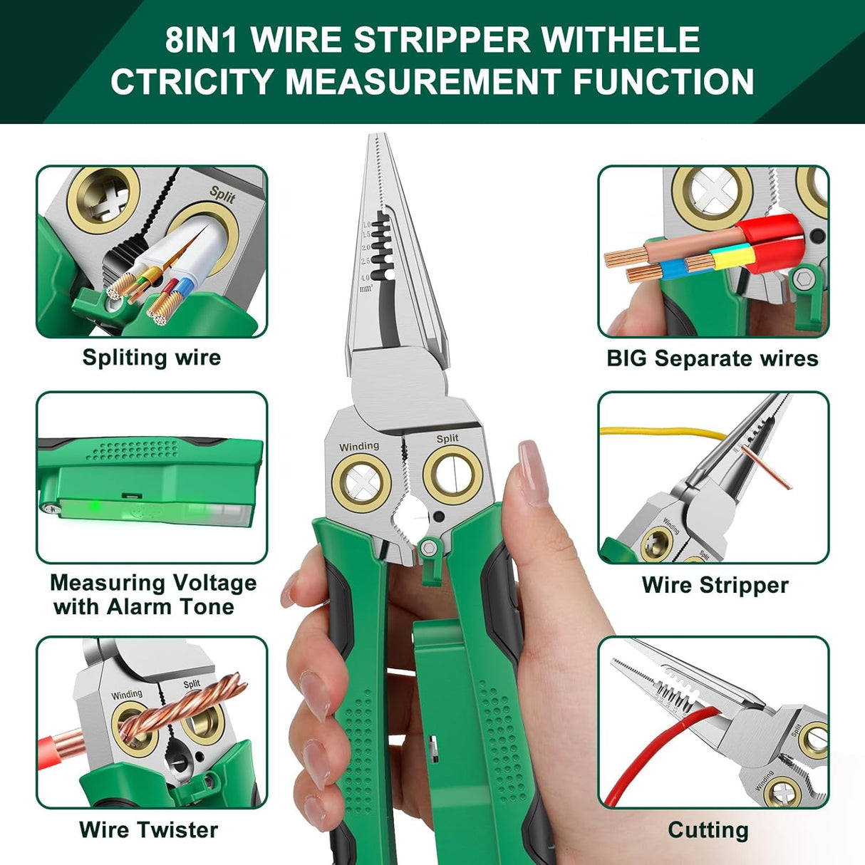 Pro 8-in-1 Wire Stripper/Cutter with Voltage Tester & Dual Alarms - Heavy Duty 12-250V AC/DC Electrical Tester for Hot/Neutral Wires - Electrician, HVAC, Car Repair Tool (Green)