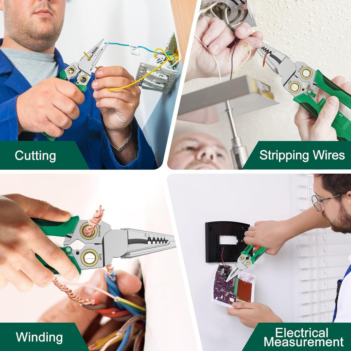 Pro 8-in-1 Wire Stripper/Cutter with Voltage Tester & Dual Alarms - Heavy Duty 12-250V AC/DC Electrical Tester for Hot/Neutral Wires - Electrician, HVAC, Car Repair Tool (Green)